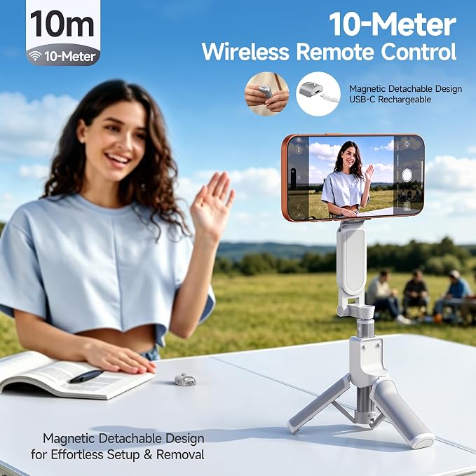 [3 in 1] Magnetic Phone Camera Shutter Grip, Extendable Selfie Stick & Tripod Portable for Magsafe iPhone & Android with Detachable Wireless Shutter Button Remote Control Ergonomic Handle - White - Image 5