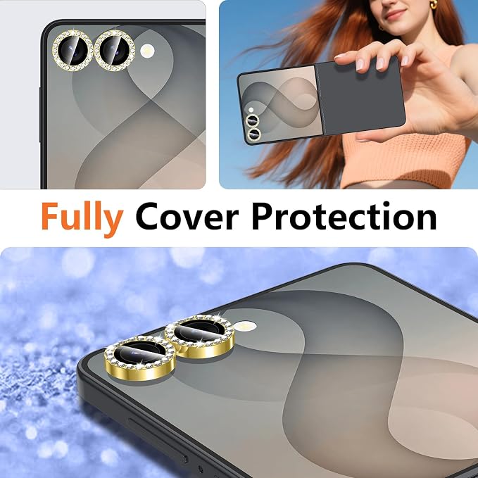 for Samsung Galaxy Z Flip 8 Camera Lens Protector, Individual Metal Ring Tempered Glass Lens Cover, [Strong Adsorption] Scratch Resistant Ultra-Thin HD Clear Lens Cover, 1 Set-Gold Diamond - Image 8