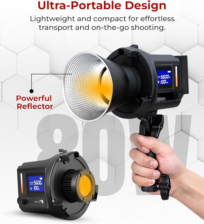 REFLEX CAMERA Professional 80W Handheld LED Photography Light – Portable Studio Video Light, Continuous Lighting for Photography, Handheld LED Spotlight. 3200-5600K 18000lux/1m CRI97 12 Effects + RGB - Image 5