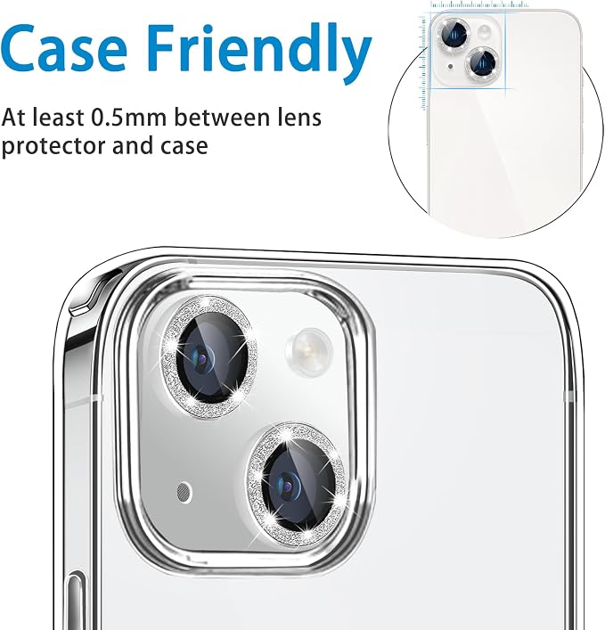 for iPhone 13 Mini & iPhone 13 Camera Lens Protector, Bling Glitter 9H Tempered Glass Camera Cover Anti Scratch Shockproof Screen Protector Individual Ring - 2Pcs Glitter Silver - Image 2
