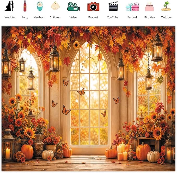 Fall Butterfly Floral Backdrop for Photography 8x8ft Autumn Window Pumpkin Maple Flowers Backdrop Thanksgiving Theme Background Birthday Party Decorations Photo Booth Props Vinyl - Image 2