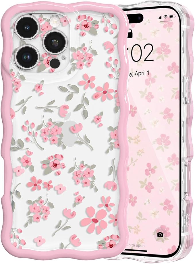 QLTYPRI for iPhone 15 Pro Pink Flower Case, Clear Cute Pink Floral Flower Phone Case Curly Wavy Aesthetic Phone Cover, Soft Slim Transparent TPU Shockproof Protective Cover for Women Girls - Pink by QLTYPRI