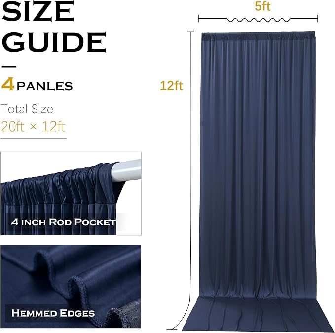 20x12 ft Navy Blue Backdrop Curtains for Weddings, Birthdays and Photos | 4 Panels 5x12 ft, Wrinkle-Free Polyester Drapes, Washable, Ironable, 4 in Rod Pocket for Baby Showers Photography Background - Image 7