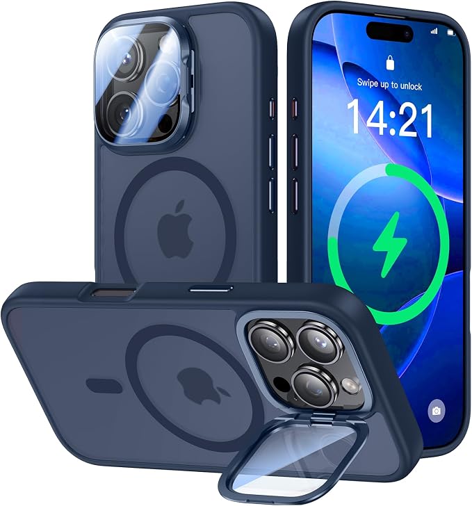VOFATA [Upgraded] for iPhone 16 Pro Case with Camera Cover Stand [Fit for MagSafe][9H Camera Lens Protector] Mil-Grade Protection Translucent Matte Magnetic iPhone 16 Pro Phone Case, Blue by VOFATA