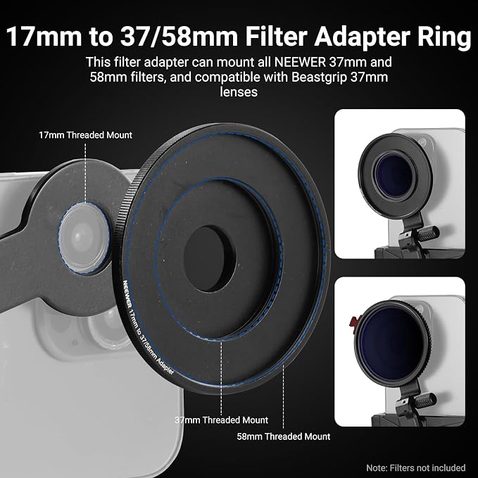 NEEWER Phone Holder with 17mm Phone Adapter & 17–37/58mm Filter Ring, Universal Adjustable Phone Tripod Mount Accessories Compatible with iPhone 17 Pro Max 16 S25 Ultra, PA047 PRO - Image 6