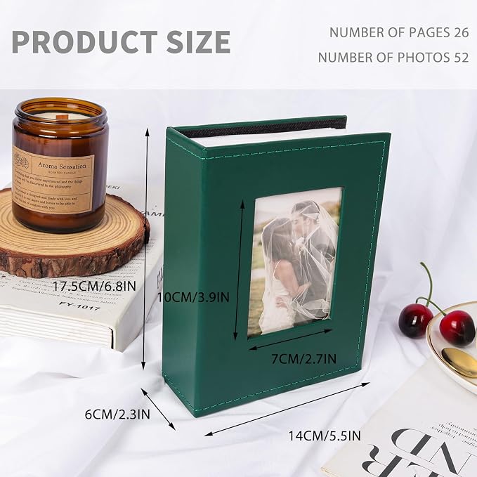 RECUTMS Small Photo Album 4x6 52 Photos Leather Family PhotoBook Dark Green | White Pages, 52 Vertical Pockets, Mini Albums for Baby Vacation, Travel Wedding Pictures Book with Front Window, Portable - Image 2