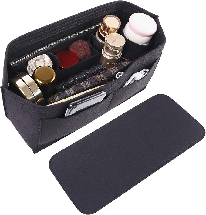 Doxo Purse Organizer Insert for Handbags & Base Shaper 2pc Set, Felt Neverfull MM Organizer Insert, Tote Bag Organizer with Zipper Pocket and Bottle Holder, Fit Speedy 30 Neverfull MM and More,Black-L by Doxo