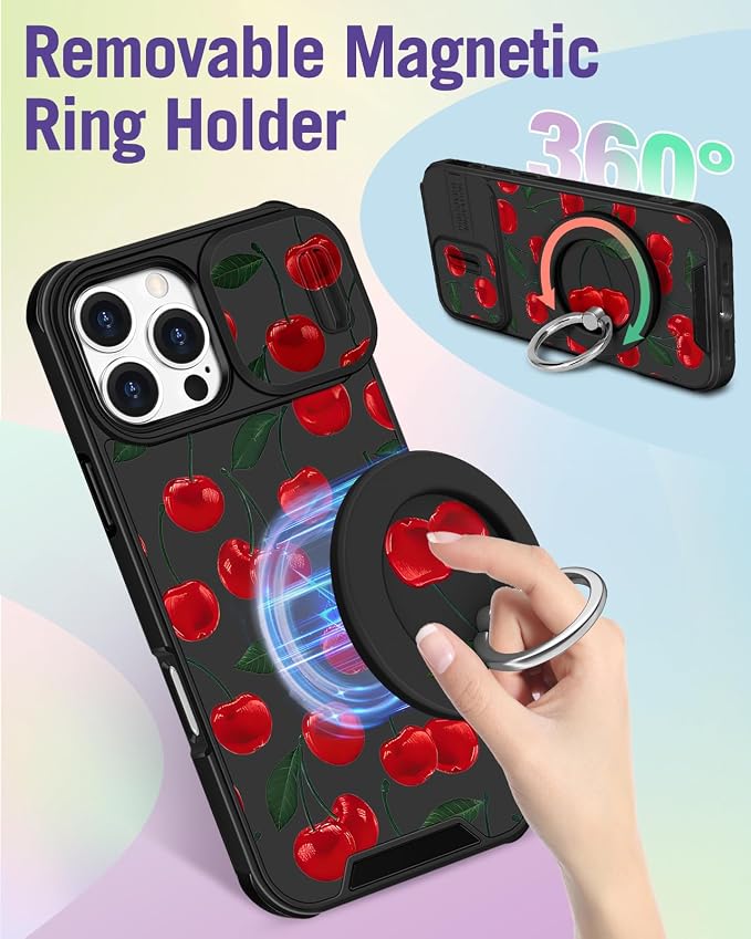 Buleens for iPhone 16 Pro Max Case 6.9 Inch - with Ring Stand & Camera Cover Aesthetic Cute Designed for Women Girls Girly Pretty Kawaii Cherry Phone Case for iPhone 16 Pro Max Compatible with Magsafe - Image 5