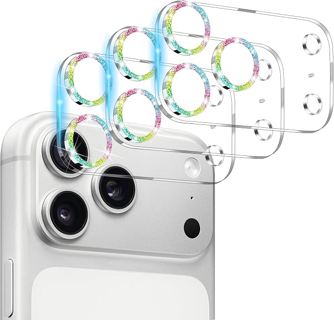 Dengduoduo 3 Pack Camera Lens Protector for iPhone 17 Pro, Tempered Glass, Ultra HD, 9H Hardness, Anti-Scratch, Case Friendly,[No Affect on Night Shots], Glitter Colorful by Dengduoduo