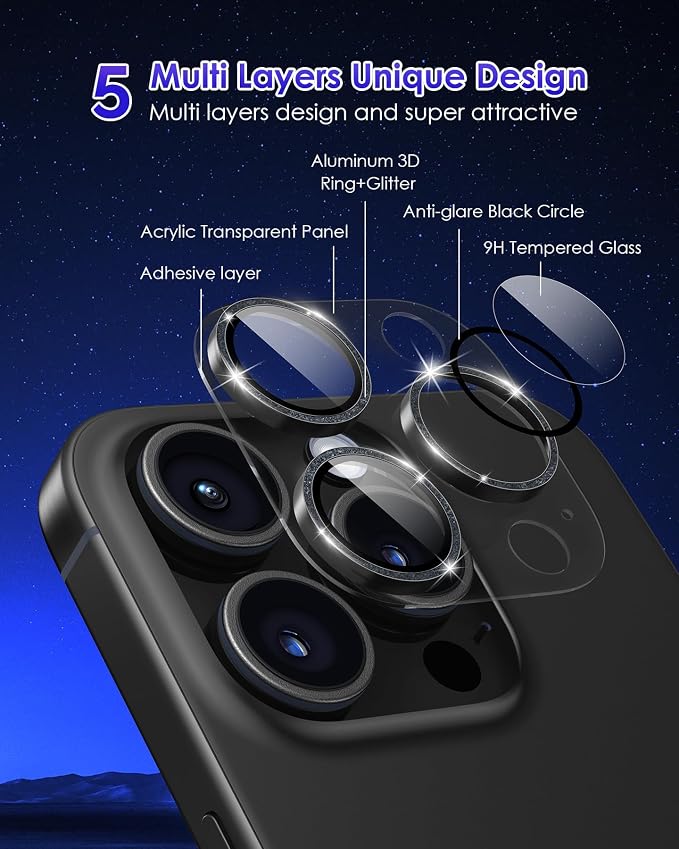 Compatible for iPhone 16 Pro Max/iPhone 16 Pro/iPhone 14 Pro/iPhone 14 Pro Max Camera Lens Protector Glitter, Clear 9H Tempered Glass Glitter Black+Black - Image 3