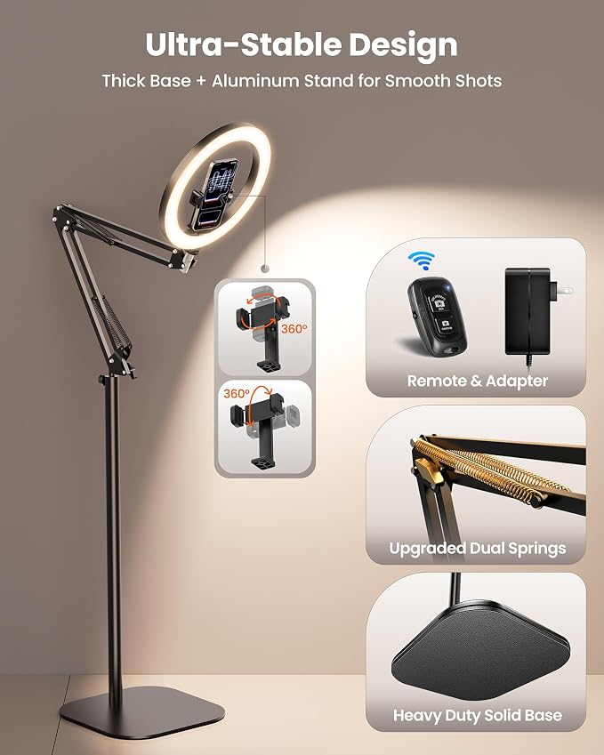 Ring Light with Stand Tripod for iPhone – Upgrade 1800 Lumens 10” Overhead Phone Tripod with Light, 2X Brighter Lighting for Video Recording, TikTok, YouTube, Streaming & Content Creator Essentials - Image 6