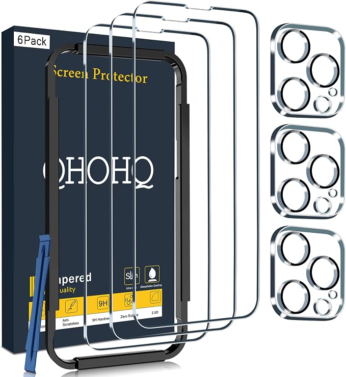 QHOHQ 3 Pack Screen Protector for iPhone 14 Pro 6.1 Inch with 3 Pack Tempered Glass Camera Lens Protector, Ultra HD, 9H Hardness, Scratch Resistant, Case Friendly by QHOHQ