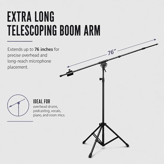 LyxPro SMT-1 Professional Microphone Stand Heavy Duty 93” Studio Overhead Boom Stand 76” Extra Long Telescoping Arm Mount, Foldable Tripod Legs & Adjustable Counterweight | OVERHEAD STUDIO BOOM STAND: Tall 93 inch mic stand with 76 inch boom for drums,... - Image 3