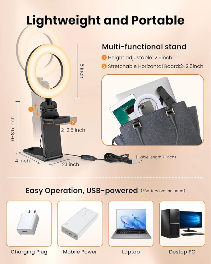 Evershop Ring Light for Laptop Desk Clip On,Small Computer Video Conference Lighting with Stand for Phone/Webcam/Monitor,5" Portable Mini LED Selfie Light Desktop for Zoom Meeting/Video Call/Recording - Image 7