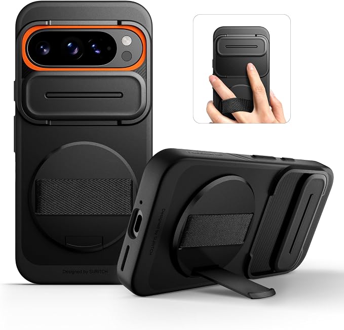 SURITCH for Google Pixel 9/9 Pro Case with 360° Rotatable Hand Strap Phone Grip Holder & Invisible Kickstand & Slide Camera Cover, Slim Rugged Shockproof Protective Cover for Pixel 9/9 Pro, Black by SURITCH