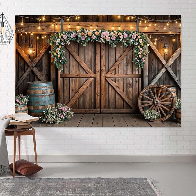 10x10ft Country Wedding Photography Backdrop Rustic Barn Door Photography Backdrop Farmhouse Pink Flower Cabin Wooden Birthday Baby Shower Wedding Bridal Party Banner Photo Booth Props Background - Image 7