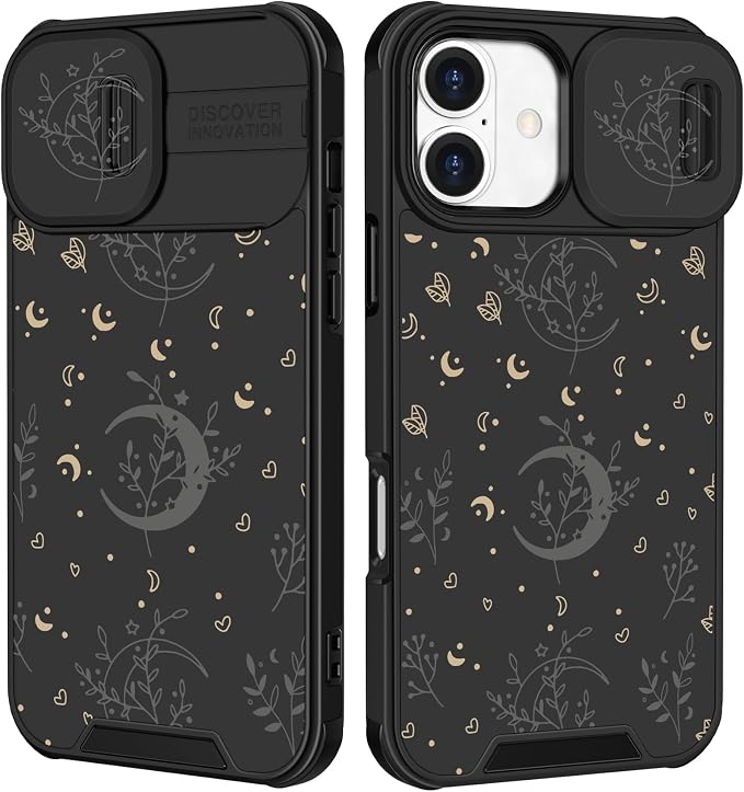 for iPhone 16 Case - Women Cute Phone Cover Girly Pretty Fancy Unique Aesthetic Design Slide Camera Cover Protective Case for Apple for iPhone 16,Black Moon Stars by Goocrux