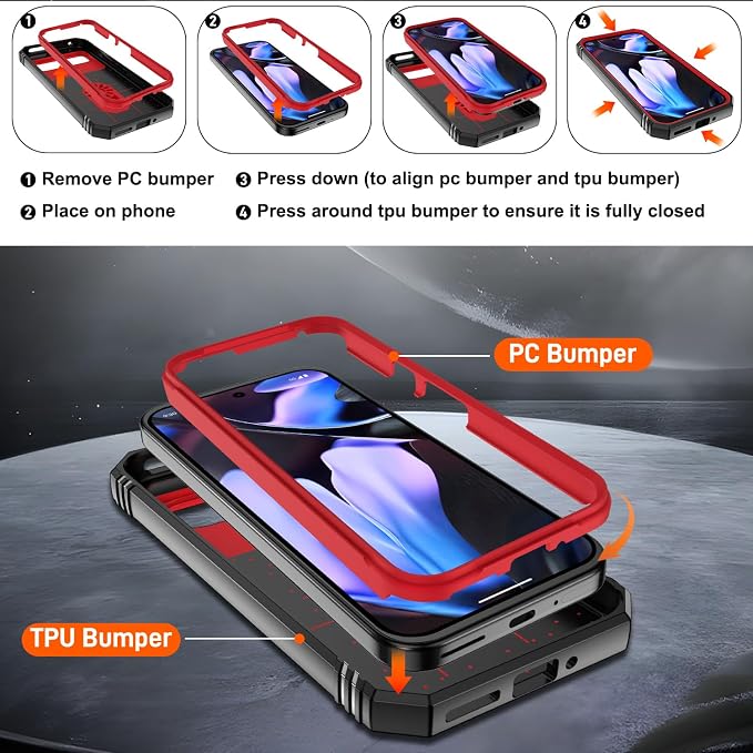 Gritup for Pixel 9 Pro XL Case Military-Grade Shockproof with Kickstand | with 2 PCS Screen Protector, Slide Camera Cover, Heavy Duty Outdoor Protection Funda para Pixel Pro 9 XL Cover, Red+Black - Image 4