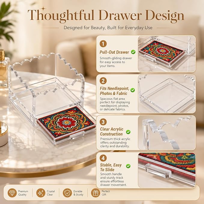 2 Pack Scalloped Acrylic Trays with Insert Drawer, 4" x 4" and 5" x 5" | Clear Display Trays for Needlepoint Inserts, Photos, Art, Fabric, Jewelry Organizer, Vanity and Home Office Desk Decor Gift - Image 8