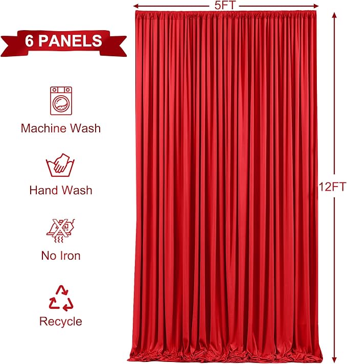 6 Panels Red Backdrop Curtains for Wedding Party Wrinkle Free Backdrops Curtain Drapes Fabric Decorations Photo Back Drop Cloth for Baby Shower Photography Stage Reception 30ft(W) x 12ft(H) - Image 5