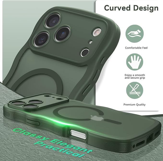 BENTOBEN Magnetic for iPhone 17 Pro Case, Cute Wavy [Full Camera Protection] [Compatible with MagSafe] Matte Anti-Slip Bumper Women Girls Boys Protective Cover for 17 Pro 6.3", Deep Green - Image 2