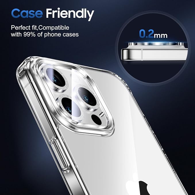 UniqueMe for iPhone 15 Pro/15 Pro Max Camera Lens Protector-Glitter Silver | 3 Pack, Drop Protection, Case Friendly, 9H Tempered Glass, Camera Cover Screen, Update New Version - Image 6