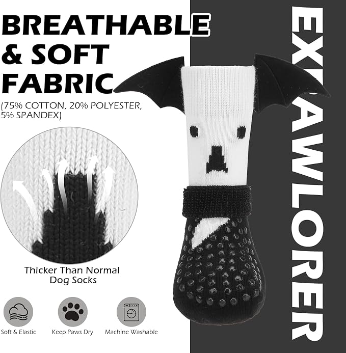 EXPAWLORER Halloween Anti Slip Dog Socks to Prevent Licking Paws, Boots & Paw Protectors with Grippers,Doggie Booties for Hardwood Floors for Small Medium Large Senior Dogs Costume White Ghost Wings L - Image 6