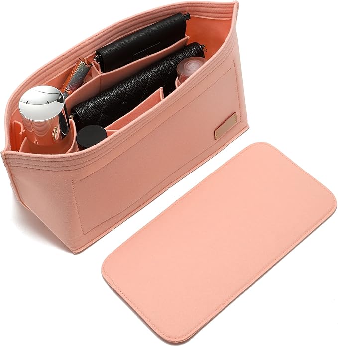 Doxo Purse Organizer Insert for Handbags & Base Shaper 2pc Set, Felt Neverfull PM Organizer Insert, Tote Bag Organizer with Zipper Pocket and Bottle Holder, Fit Neverfull PM and More, Pink-M by Doxo