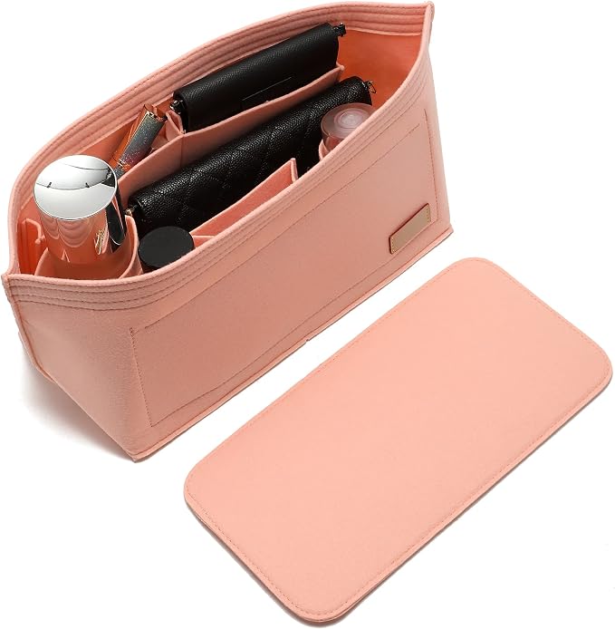 Doxo Purse Organizer Insert for Handbags & Base Shaper 2pc Set, Felt Neverfull MM Organizer Insert, Tote Bag Organizer with Zipper Pocket and Bottle Holder, Fit Speedy 30 Neverfull MM and More,Pink-L by Doxo