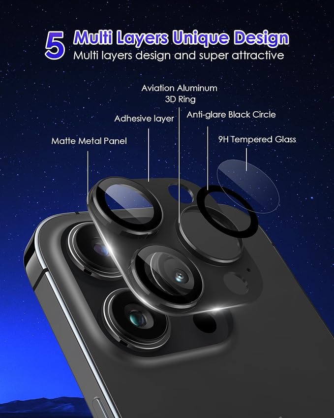 Compatible for iPhone 15 Pro/iPhone 15 Pro Max Camera Lens Protector [Full Coverage Metal] 9H Tempered Glass Screen Camera Cover Titanium Black - Image 4
