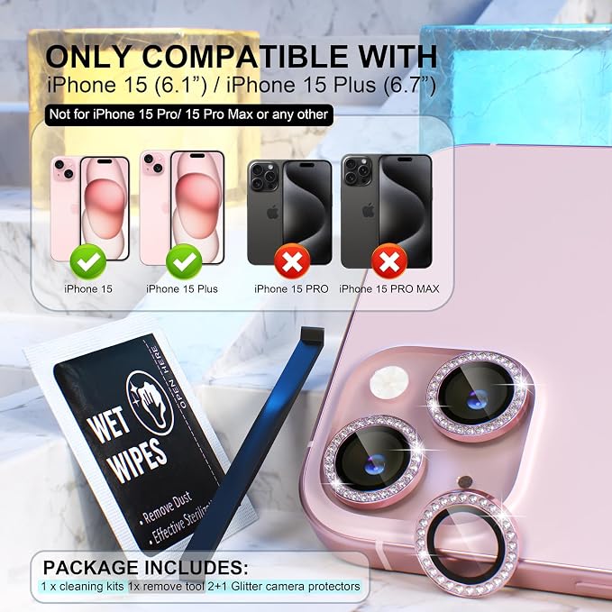 Choiche for iPhone 15/15 Plus Camera Lens Protector Bling, Diamond-Pink | Ultra HD, 9H Tempered Glass Camera Cover Screen Protector Metal Individual Ring Decoration Accessories, 2-Lens, 6.1/6.7-inch - Image 2