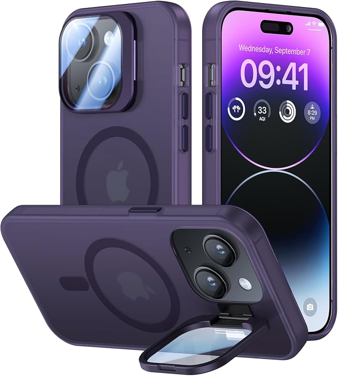 VOFATA for iPhone 15 Case with Camera Cover Stand [Built-in 9H Camera Lens Protector][Fit for Magsafe] Military Grade Shockproof Translucent Matte Magnetic Phone Case 6.1", Purple by VOFATA