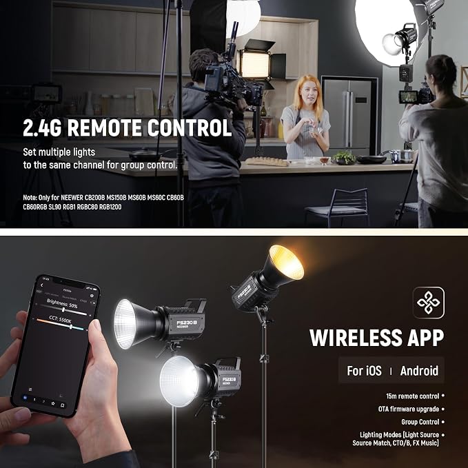 NEEWER FS150B LED Video Light 2.4G/APP Control,130W Bi Color COB Silent Photography Continuous Output Lighting with 4 Types Precise Dimming, 72000lux/1m, 2700K-6500K, CRI 97+,12 Effects, Bowens Mount - Image 7