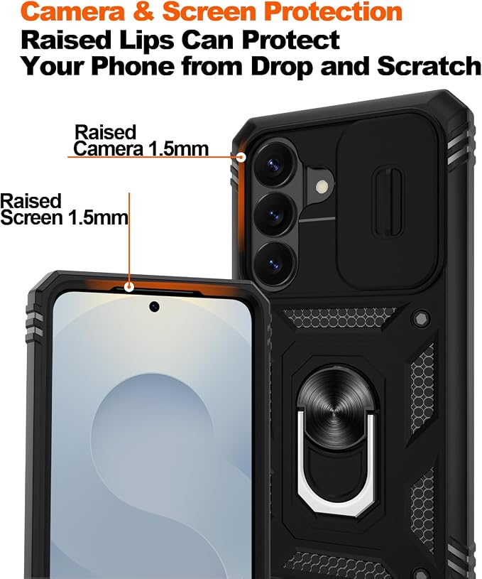 Gritup for Samsung Galaxy S26 Case with Slide Camera Cover | 2*Screen Protector, Build in 360° Rotating Ring Kickstand, Military Grade Protective Cover for Samsung S 26, Black - Image 4