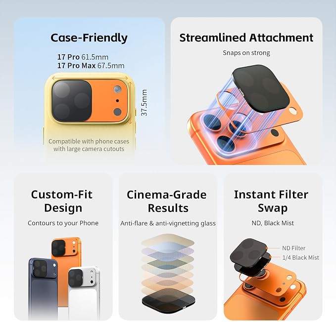 SmallRig Square ND & Black Mist Filter Kit for iPhone 17 Pro Max, Magnetic Lens Filters with Base Mount, Black Mist Diffusion 1/4 Filter/ND2/ND4/ ND8/ND16/ND32, 6 Pack, Orange- 6075 - Image 4