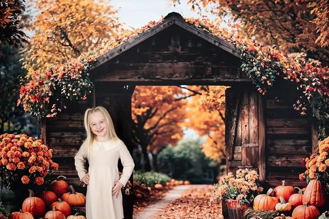 Kate Fall Backdrop Thanksgiving Backdrops for Photography Fall Maple Leaves Pumpkin Barn Door Backgrounds, 8x8ft - Image 3
