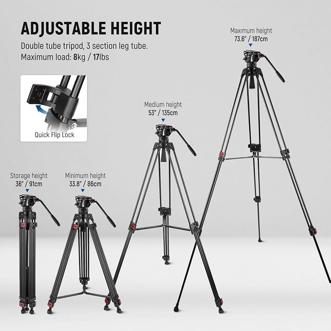 NEEWER 74" Video Tripod with Fluid Head & Damping Control, Aluminum Heavy Duty Camera Stand Professional with QR Plate for DSLR Camcorders for Video Recording, Cleaning Cloth, Max Load 17.6 lbs, TP74 - Image 2