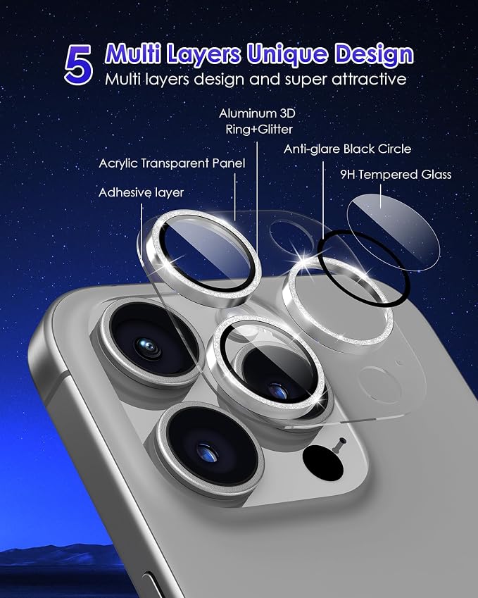 Compatible for iPhone 16 Pro Max/iPhone 16 Pro/iPhone 14 Pro/iPhone 14 Pro Max Camera Lens Protector Glitter, Clear 9H Tempered Glass Glitter Silver+Silver - Image 3