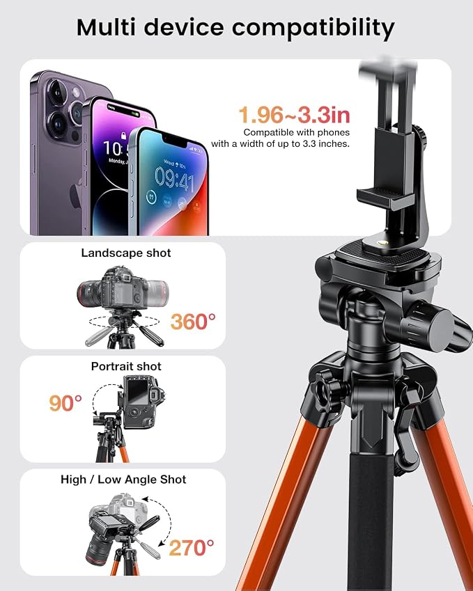 CAMBOFOTO 74″ Camera Tripod, 360° Aluminum Lightweight Tripod/Orange | Heavy‐Duty Professional Tripod Stand for DSLR & Mirrorless Cameras/Smartphones/GoPro, with 360° Pan Head/Phone Mount - Image 5