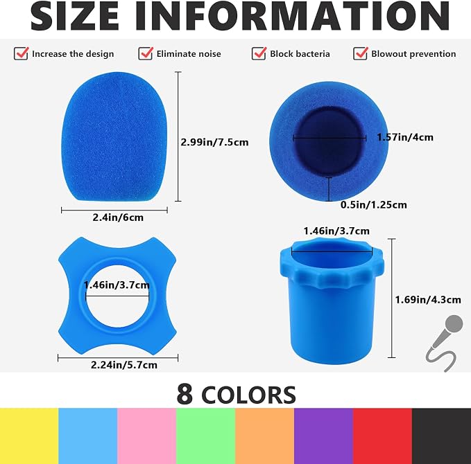 Flutesan 8 Set Microphone Cover Foam Mic Cover Microphone Windscreen Shakeproof Wireless Handheld Mic Protection Silicone Ring Anti Rolling Bottom Rod Sleeve Holder Foam Filter(Mixed) - Image 2
