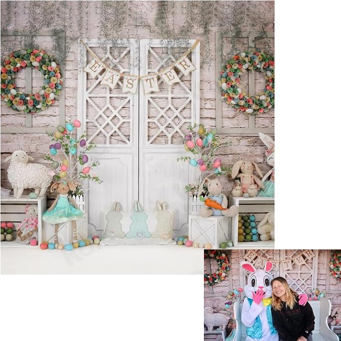 Kate 8x8ft Happy Easter Day Photography Backdrops Colorful Eggs | Cute Rabbit Toy Photographic Background Retro Wall White Door Baby Shower Newborn Shooting Backdrop by KateBackdropforPhotography