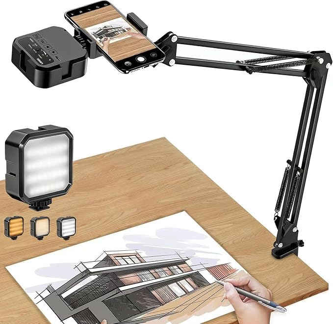 Overhead Phone Mount with LED Light, Articulating Arm Cell Phone Holder | Selfie Light with Adjustable Brightness, Flexible Phone Stand for Live Streaming, Video Recording, Cooking and Painting by LJINGE