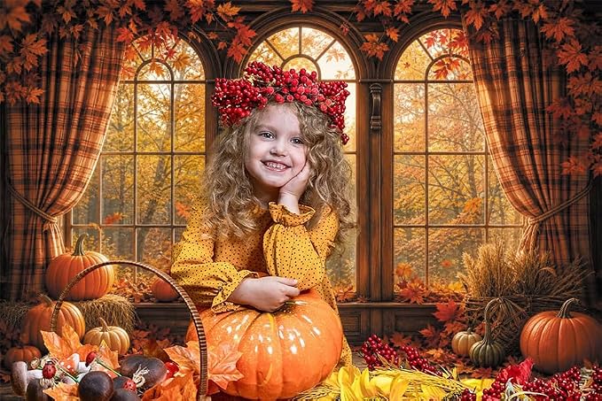 Autumn Fall Window Backdrop 12x8ft Rustic Wooden Arched Window with Pumpkin Maple Leaves Thanksgiving Harvest Photo Background for Party Decor Portrait Photography Booth Props Vinyl - Image 5