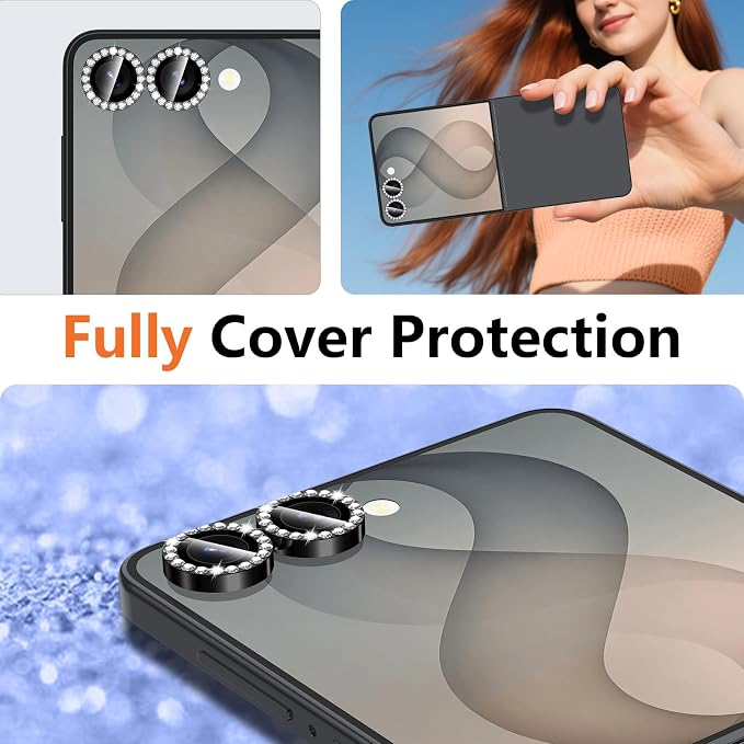 for Samsung Galaxy Z Flip 8 Camera Lens Protector, Individual Metal Ring Tempered Glass Lens Cover, [Strong Adsorption] Scratch Resistant Ultra-Thin HD Clear Lens Cover, 1 Set-Black Diamond - Image 8