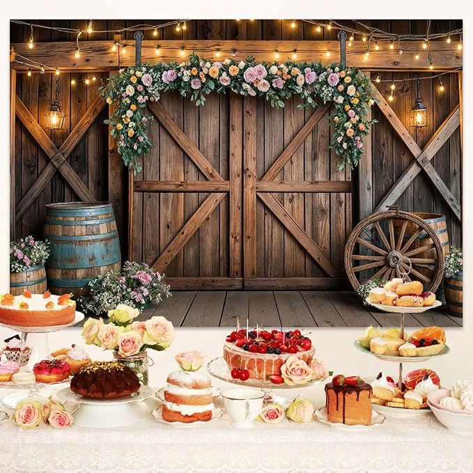 20x10ft Country Wedding Photography Backdrop Rustic Barn Door Photography Backdrop Farmhouse Pink Flower Cabin Wooden Birthday Baby Shower Wedding Bridal Party Banner Photo Booth Props Background - Image 3