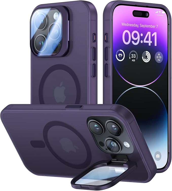 VOFATA for iPhone 15 Pro Max Case with Camera Cover Stand [Built-in 9H Camera Lens Protector][Fit for Magsafe] Military Grade Shockproof Translucent Matte Magnetic Phone Case 6.7", Purple by VOFATA