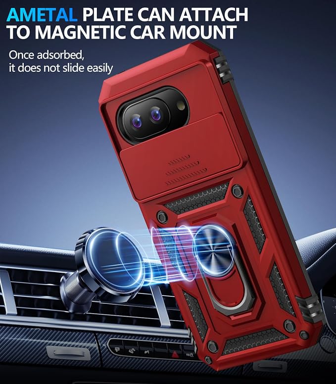 Taisairu for Google Pixel 9A Case with Screen Protector & Slide Camera Lens Cover, Built-in 360°Rotate Magnetic Ring Stand Shockproof Protective Phone Case for Google Pixel 9A Case (Red) - Image 5