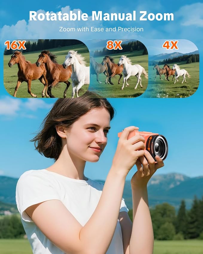 W & O 4K Digital Camera for Photography,180°Flip Screen Kids Digital Camera | 64MP Vlogging Camera for YouTube with SD Card,16X Zoom Autofocus,Point and Shoot digital cameras for Teens Beginner,Orange - Image 6