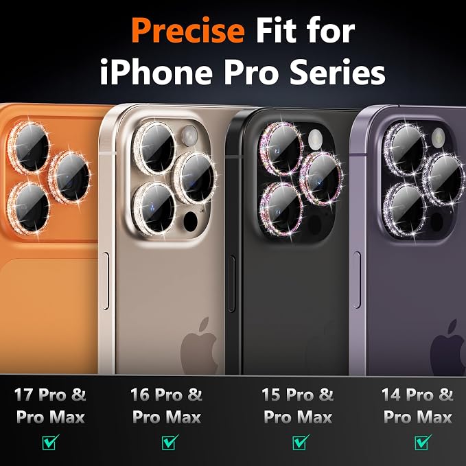 YWXTW [All-Over Glitter Camera Lens Protector for iPhone 17 Pro Max/17 Pro/16 Pro Max/16 Pro/15 Pro Max/15 Pro/14 Pro/Max, 9H Tempered Glass Camera Cover, Anti-Scratch Case Friendly (Multi-Coloured) - Image 5