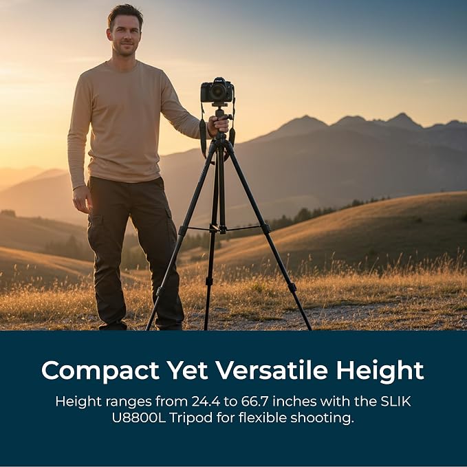 SLIK U8800 Aluminum Tripod Kit w/Inegrated Multi-Action Pan Head 67" Tall (612-051) - Folds Down to 25.6", Weighs 3.4lbs, Supports 9.9lbs, Crank Control Center Column, Great for Photos and Video | 75-inch aluminum tripod with fluid pan head and quick r... - Image 6